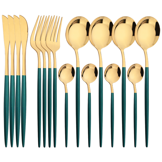 Kitchen Gadgets Green - 16Pcs Green Gold Dinnerware Stainless Steel